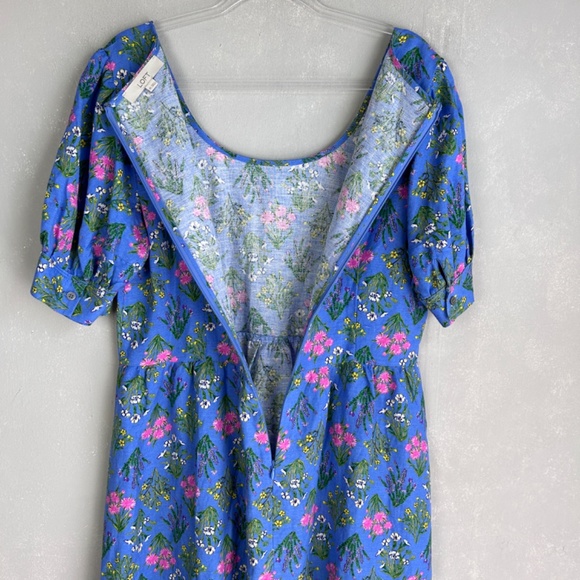 LOFT size 10 U neck puff sleeve short dress fit & flare blue floral linen blend - Picture 10 of 13